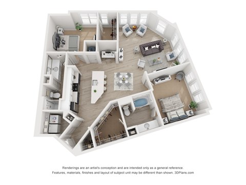 Floor plan for 2 beds, 2 baths, 1291 sqft